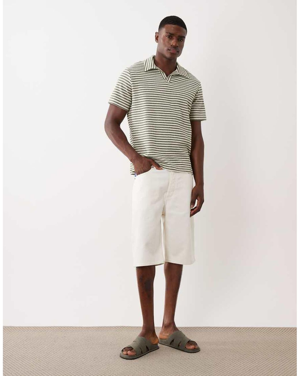 Mango Green Striped Camp Collar Knit T-shirt for men