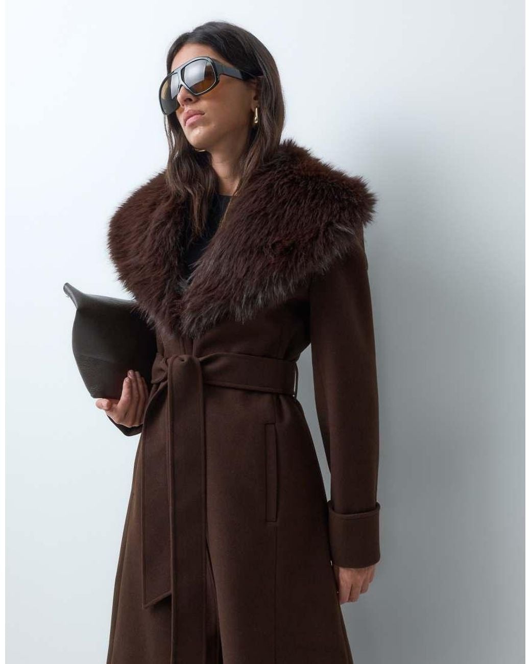 Miss Selfridge Brown Formal Wrap Coat With Fur Collar
