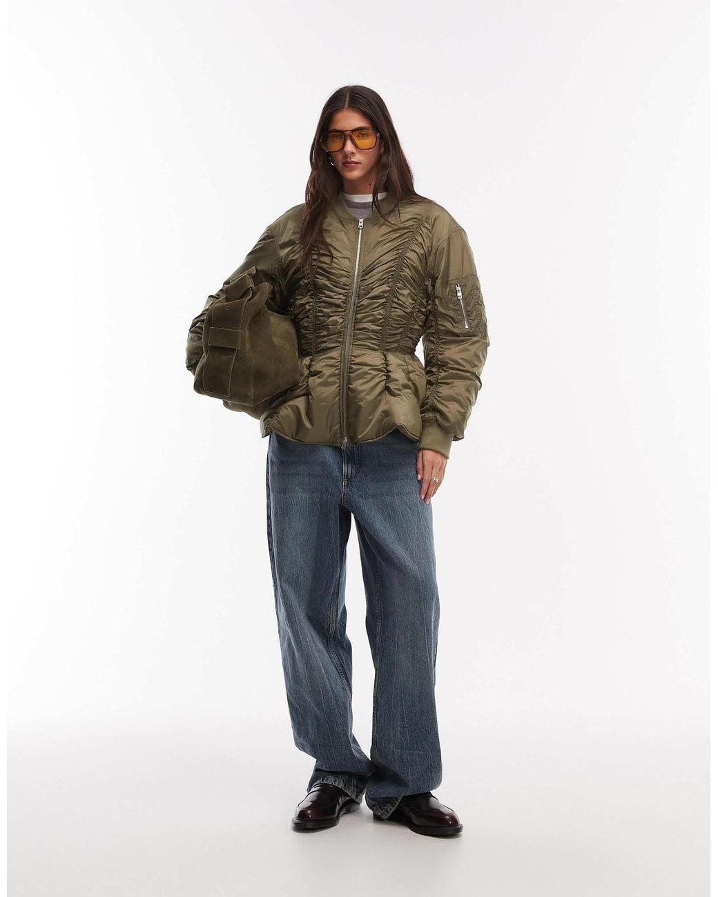 Monki 05913267 Monki Bomber Jacket With Gathered Detail in Green | Lyst
