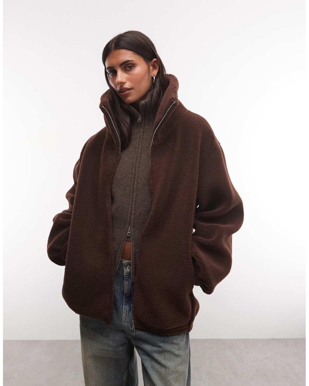 Weekday Brown Wool Blend Hairy Knit Zip Through Cardigan