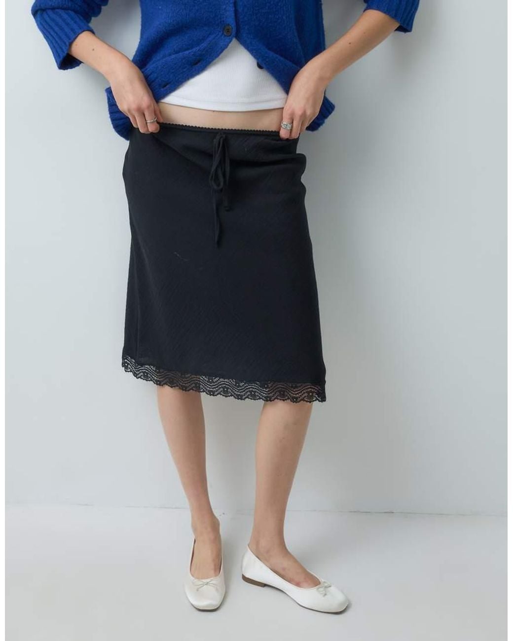 Reclaimed Vintage Blue Flax Textured Awkward Length Midi Skirt With Lace Trim
