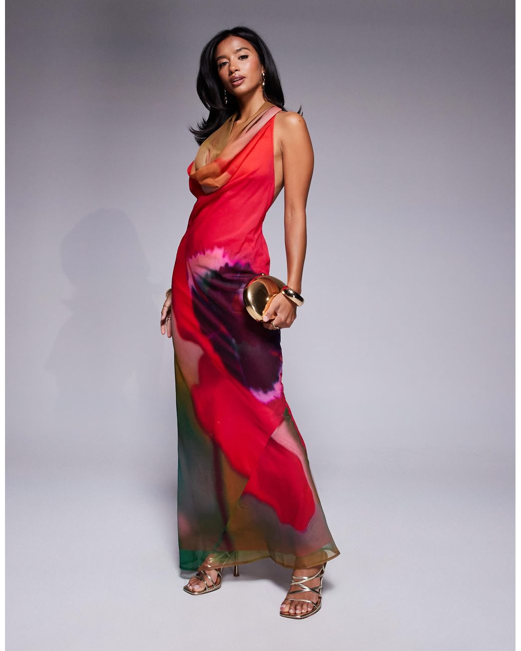 ASOS Asos Design Petite Cowl Plunge Bias Maxi Dress in Red | Lyst