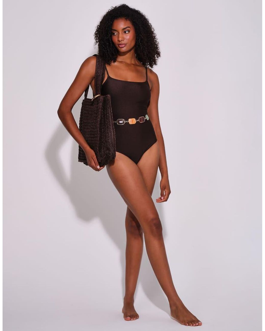 South Beach Brown Stone Belt Detail Scoop Back Swimsuit
