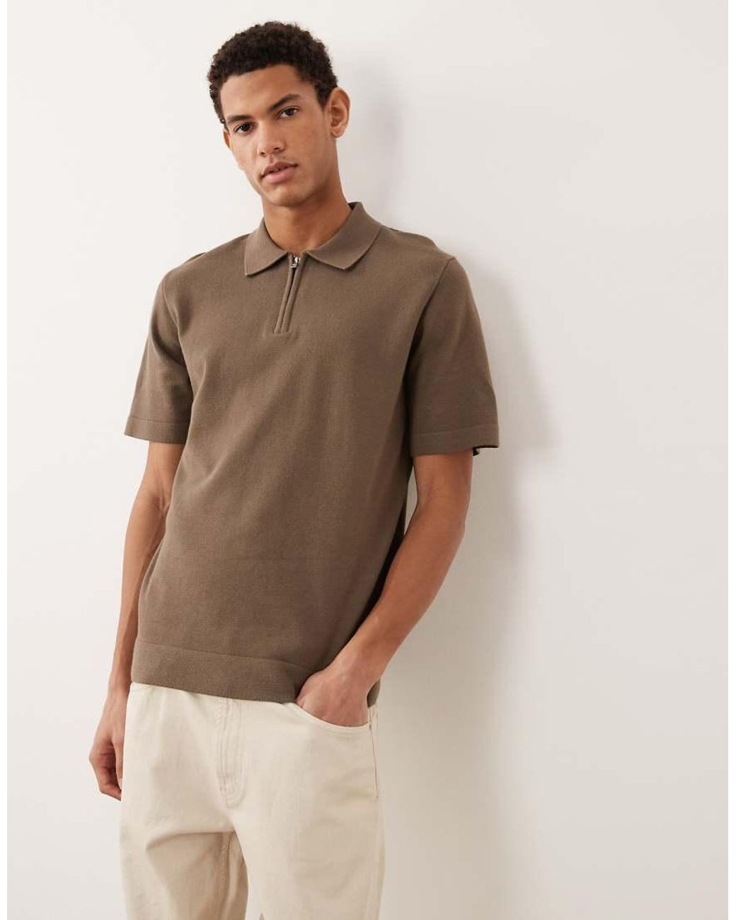 Jack & Jones Brown Premium Half Zip Knitted Polo for men