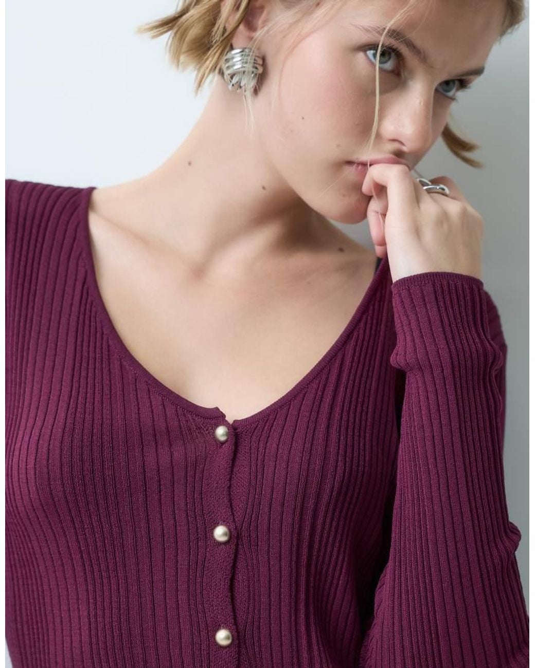 Miss Selfridge Red Fine Knit Rib Top With Buttons