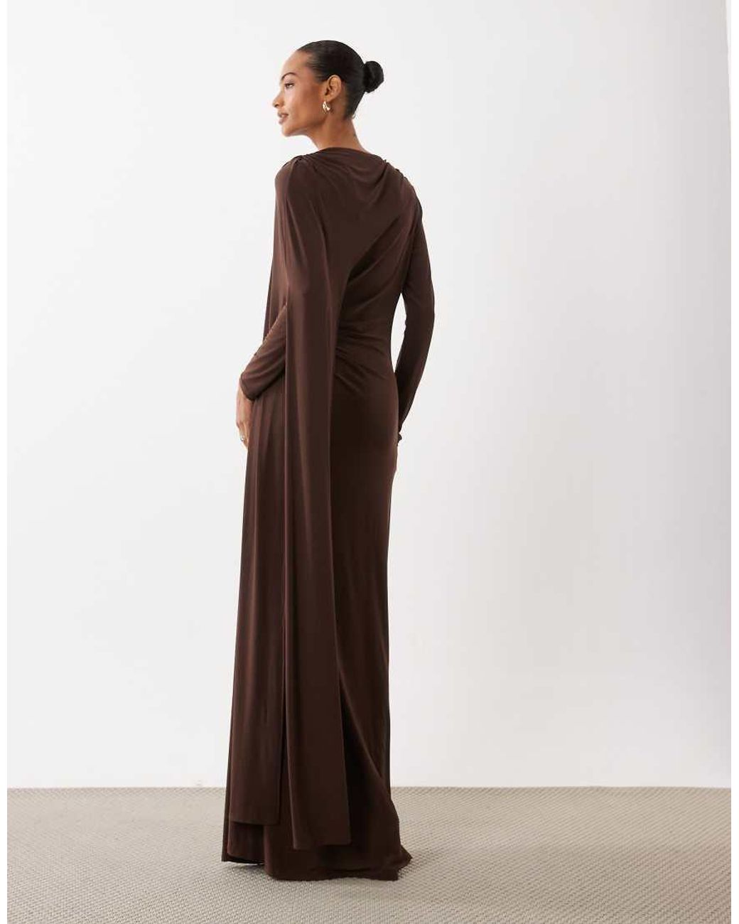 DASKA Brown Slinky One Shoulder Cape Maxi Dress