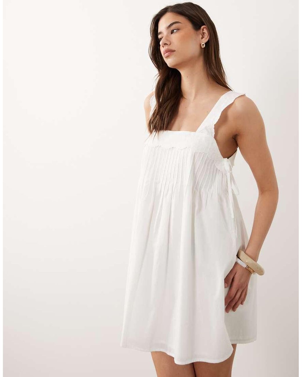 Nobody's Child White Valerie Cotton Square Neck Pleated Mini Dress