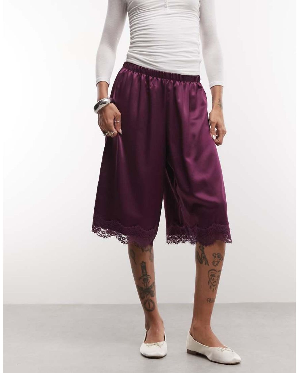 Reclaimed Vintage Red Longline Satin Shorts With Lace Trim