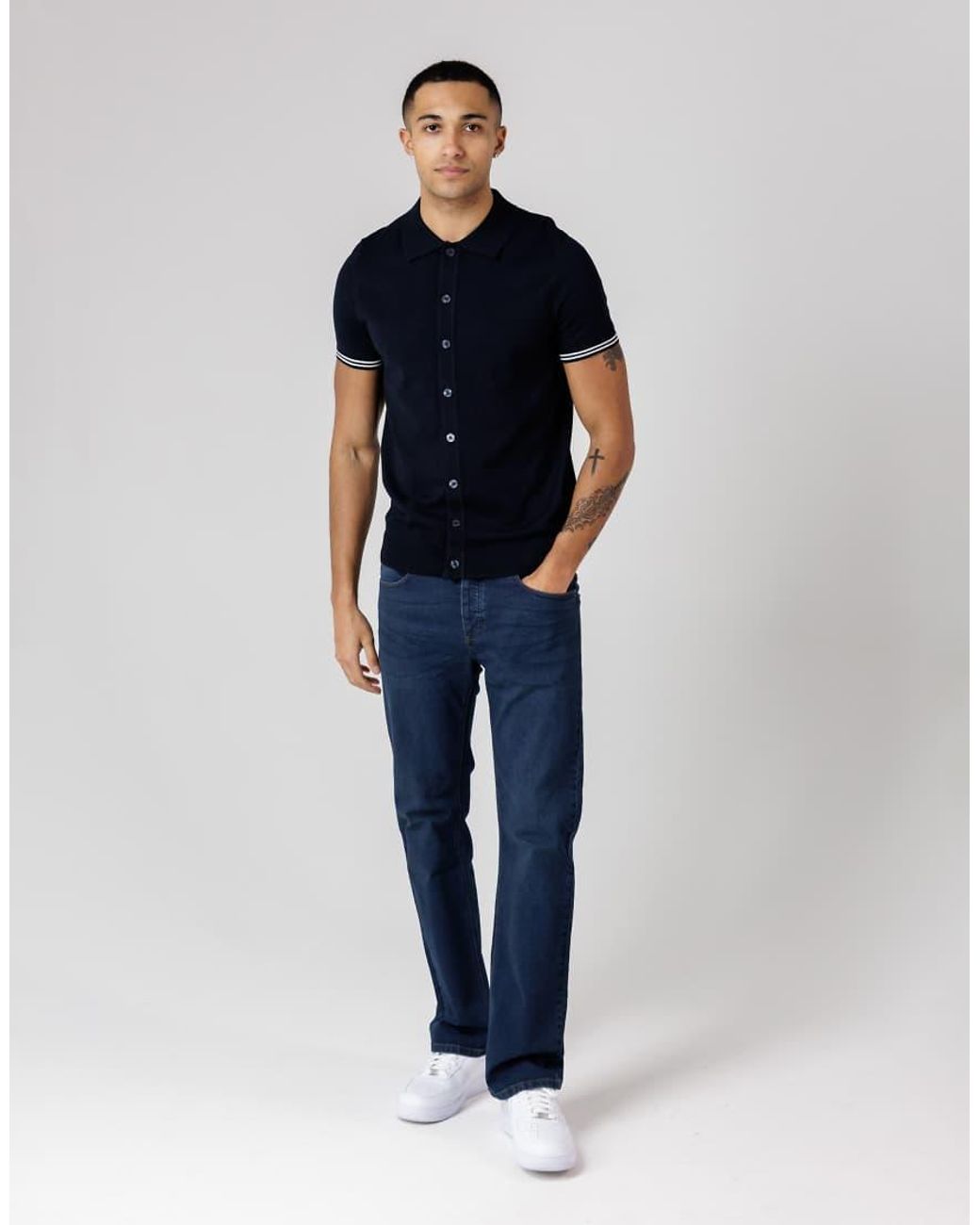 French Connection Blue Arm Stripe Short Sleeve Button-Up Polo Shirt for men
