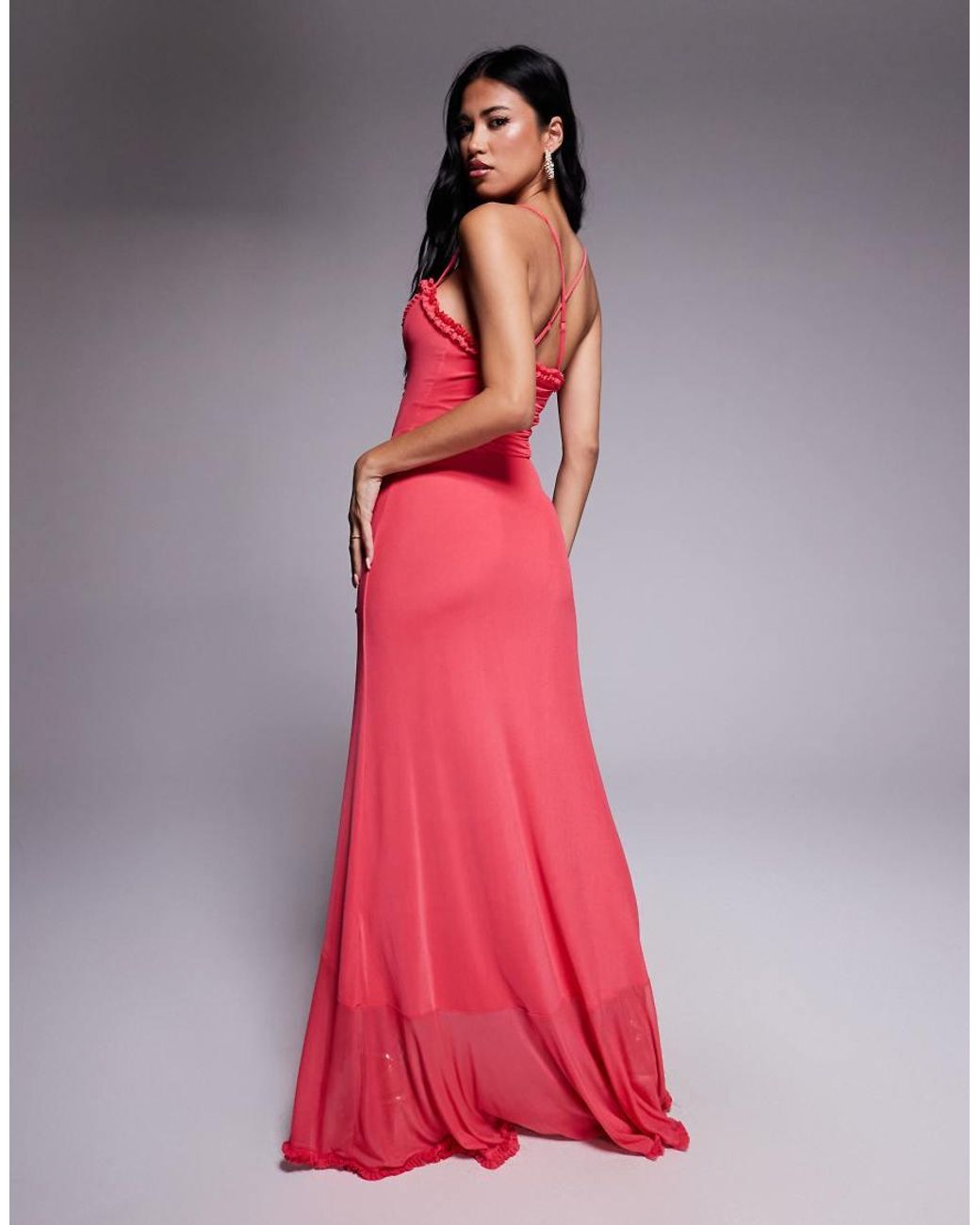 AFRM Red Micro Ruffle Mesh High Low Maxi Dress