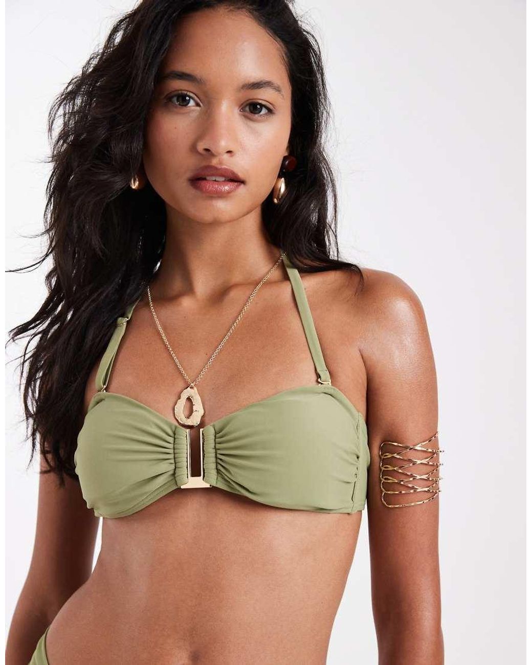 New Look Green Gold Trim Bandeau Bikini Top