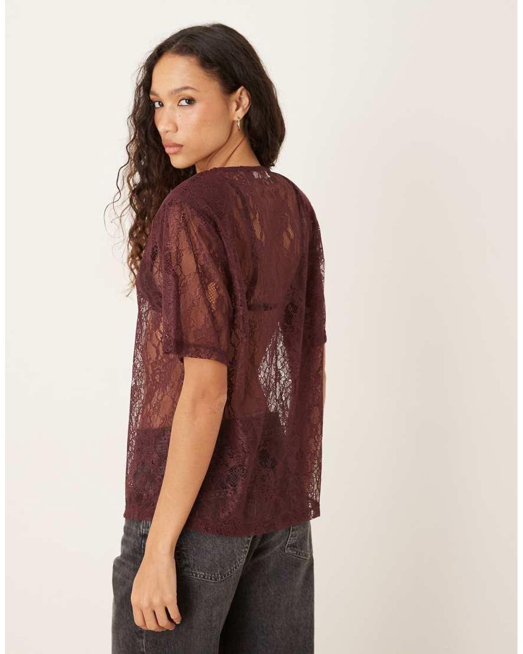 ASOS Red Lace Boxy Sheer Tee With Shoulder Pads