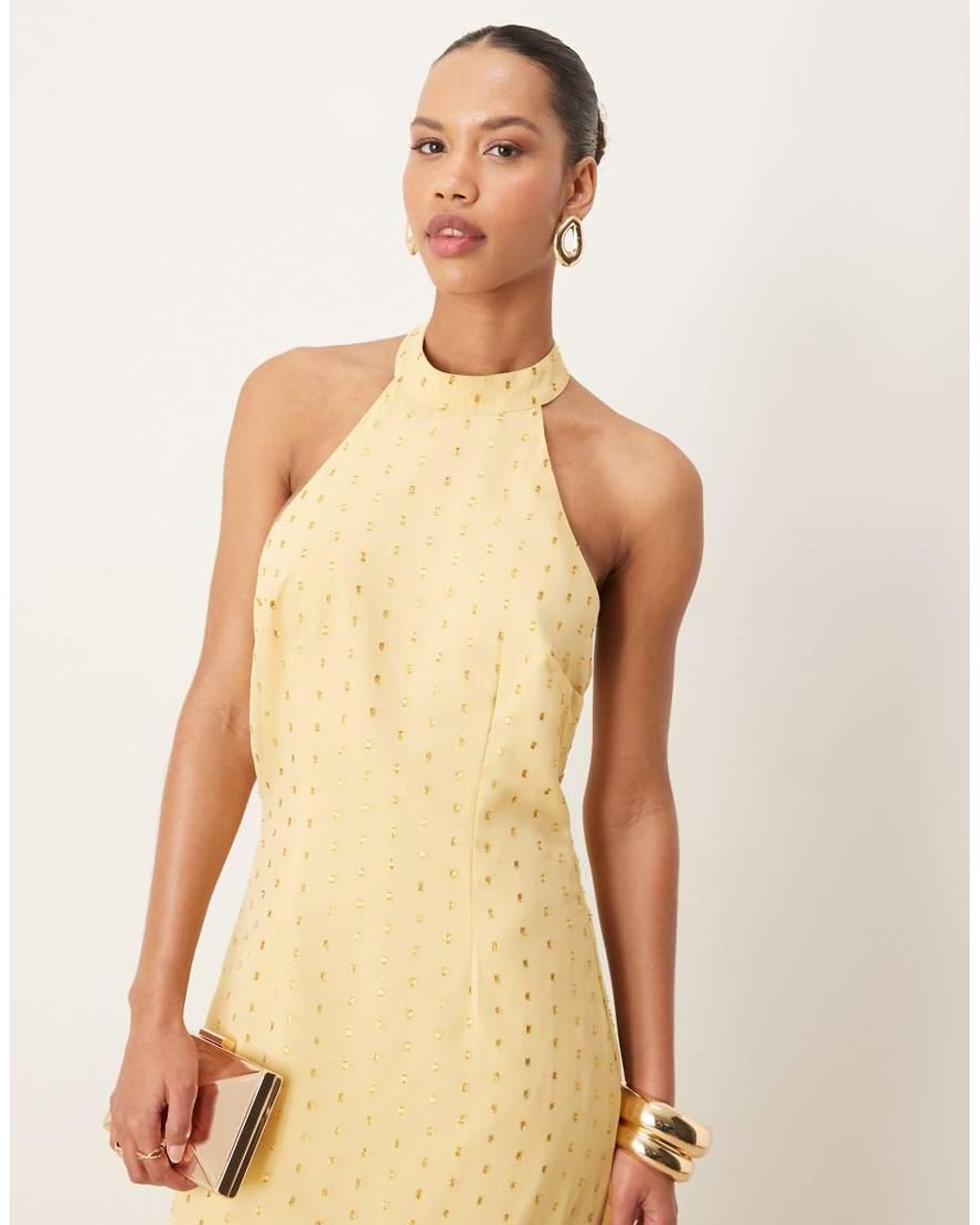 ANAYA Natural Foil Halter Neck Maxi Dress