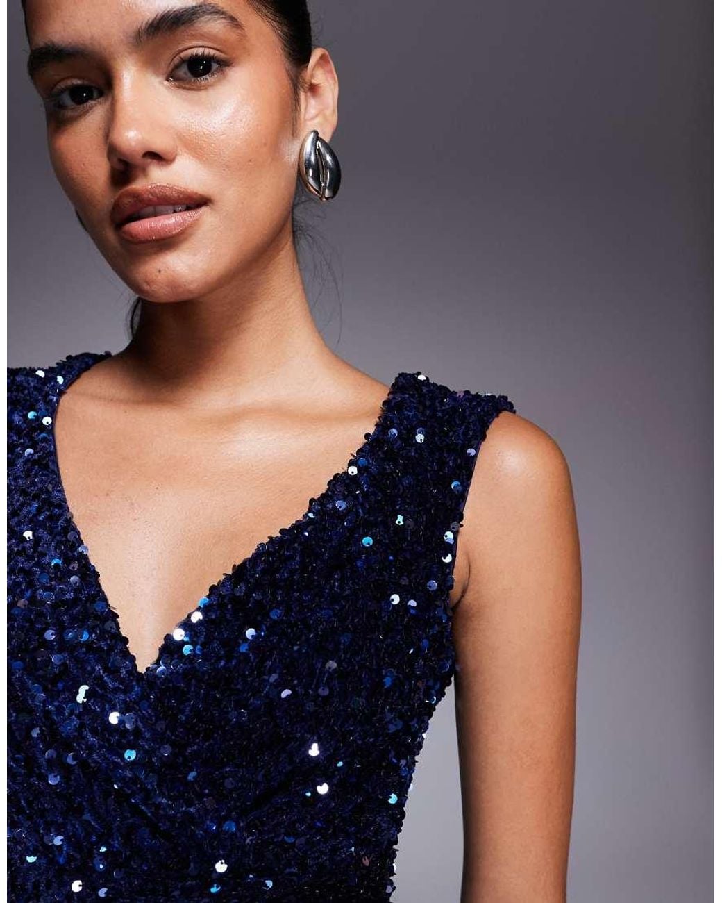 Goddiva Blue Multi Sequin & Velvet Bardot Midi Dress
