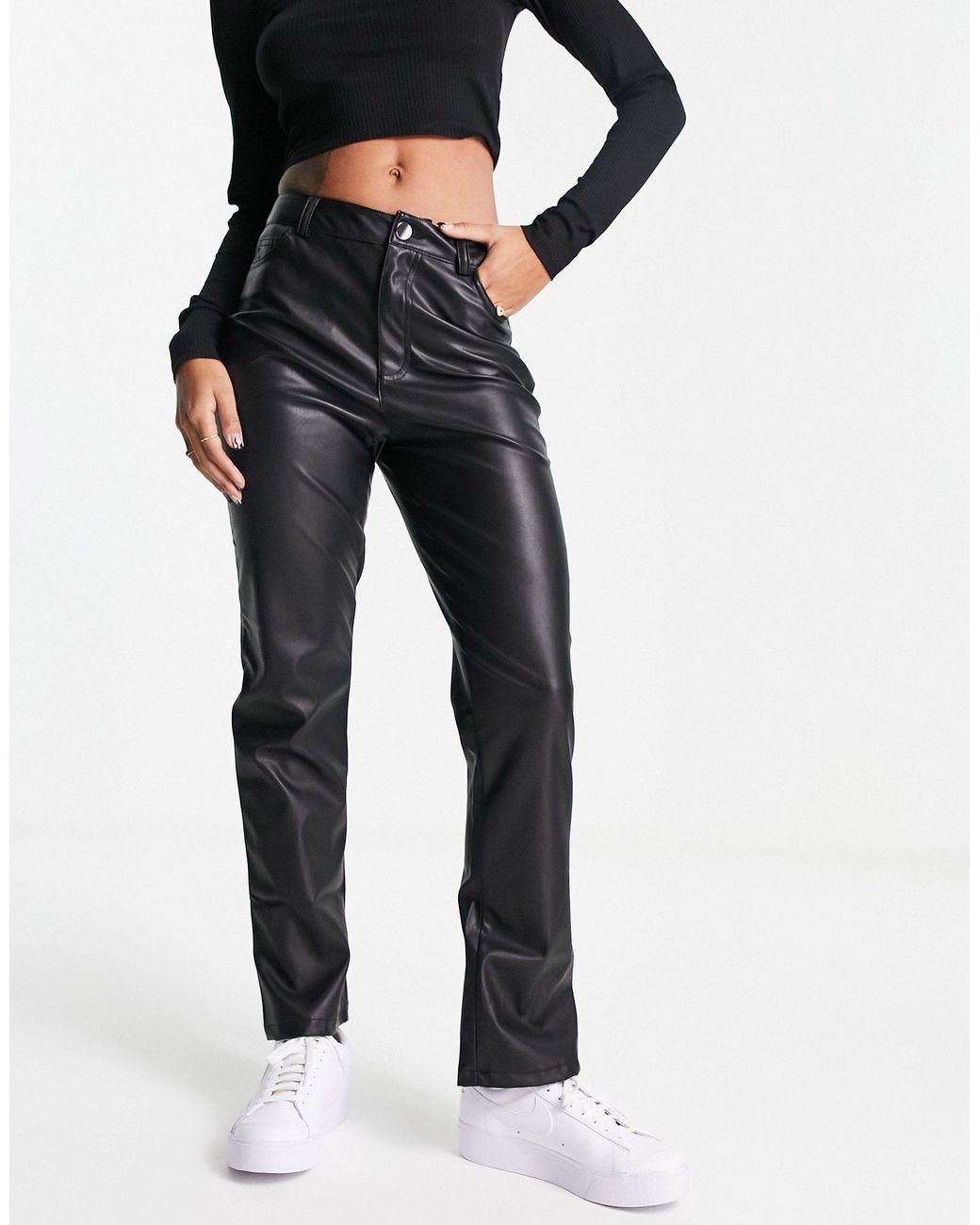 New Look Faux Leather Straight Leg Trousers in Black | Lyst Canada
