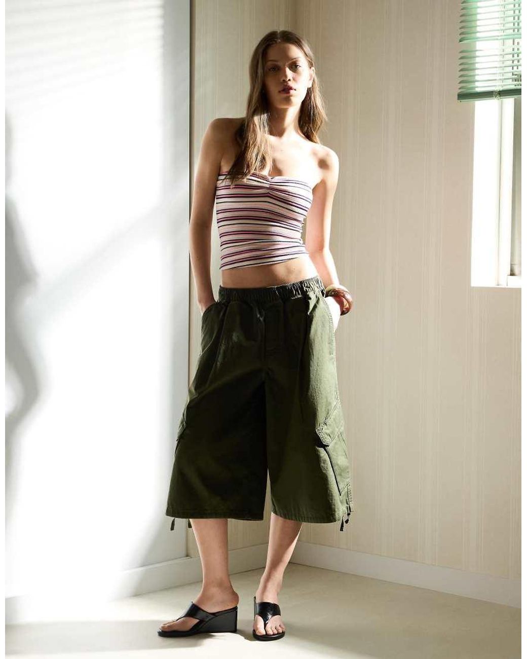 Bershka Green Striped Bandeau Top
