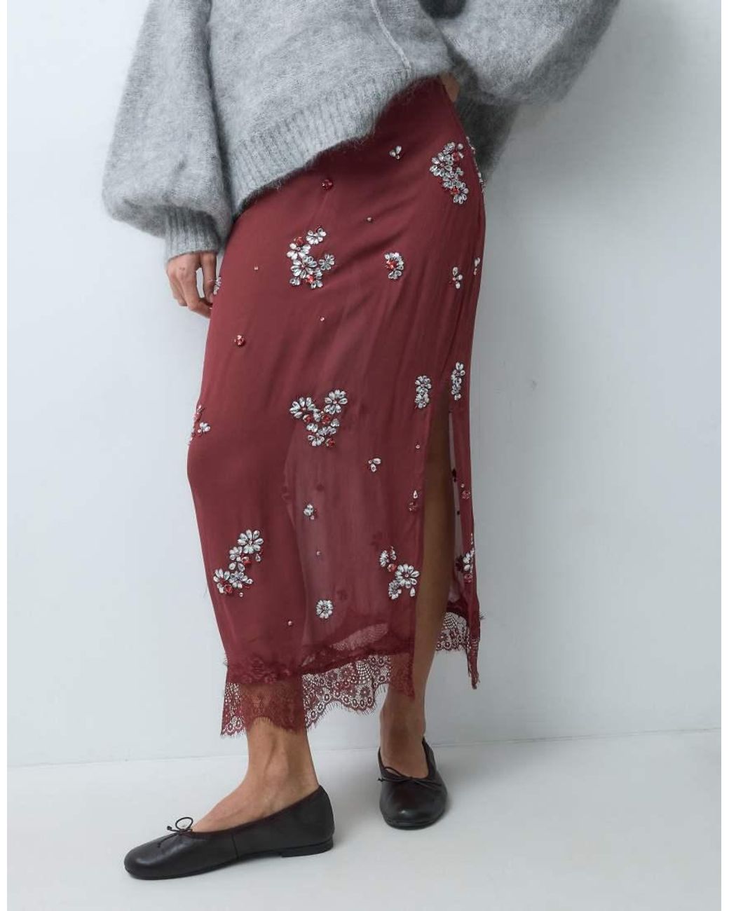 ASOS Gray Embellished Midi Skirt With Lace