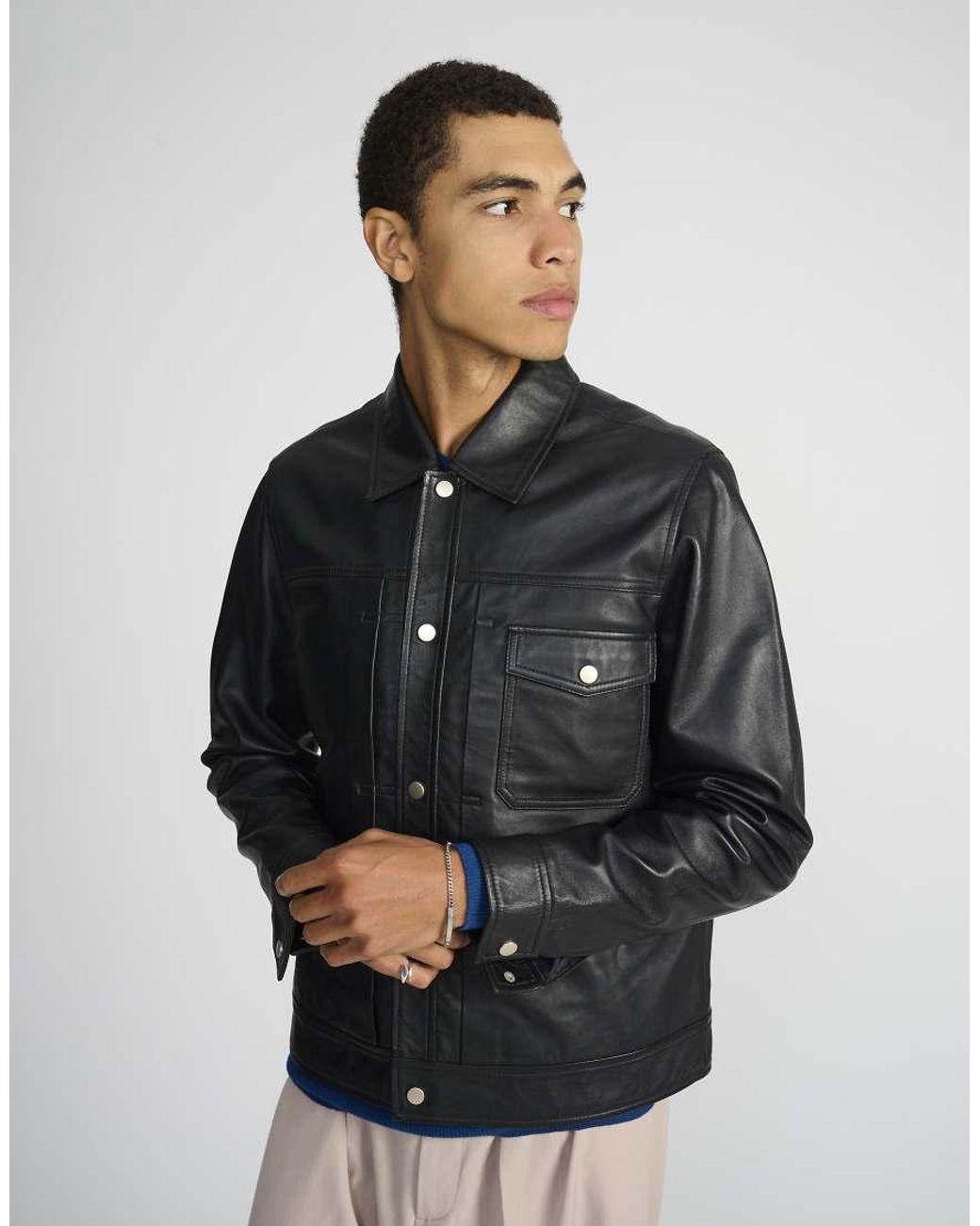 Bolongaro Trevor Blue Real Leather Carlos Trucker Jacket for men