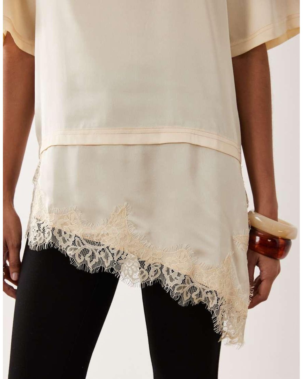 Wednesday's Girl Natural Satin T-Shirt With Asymmetric Lace Hem