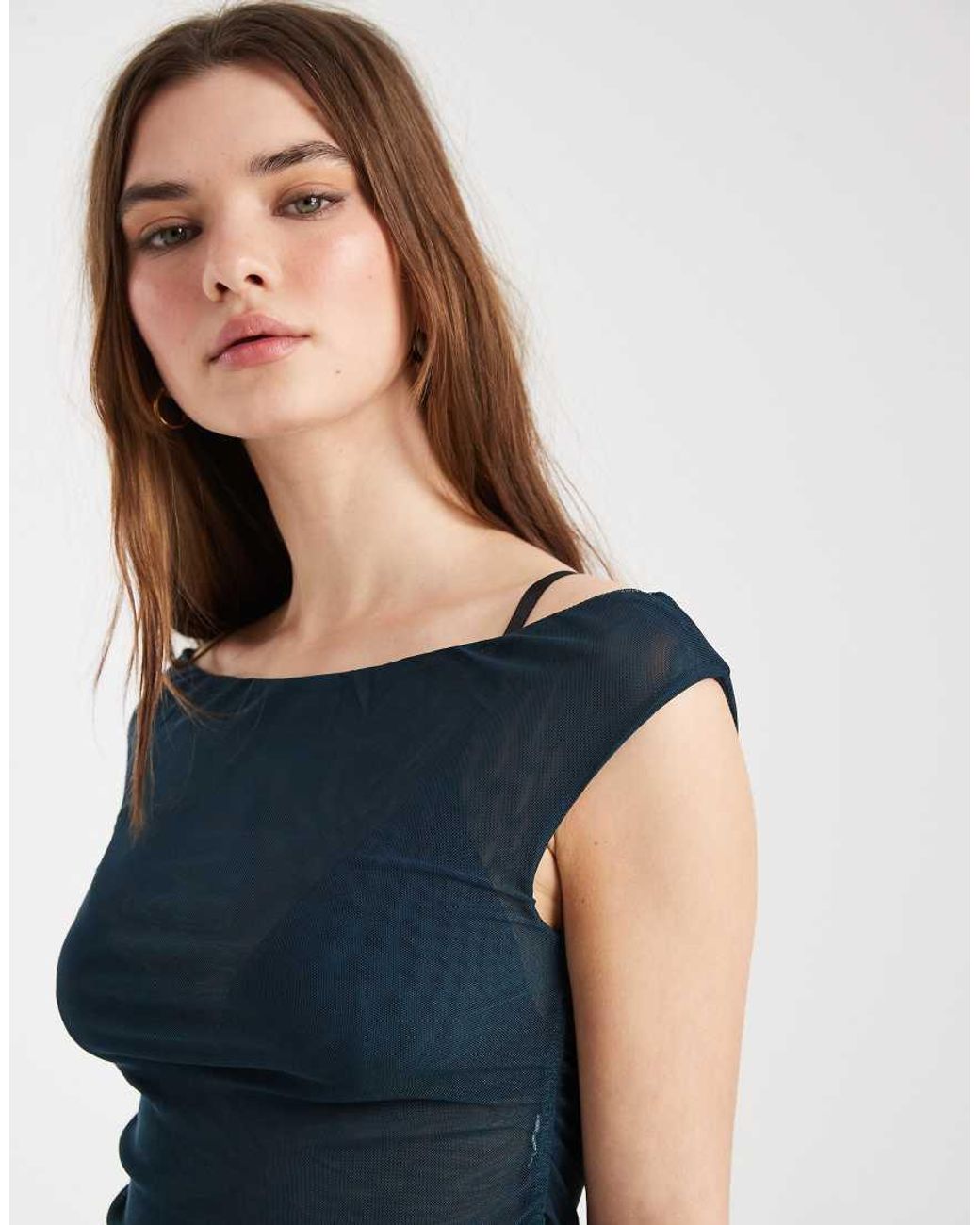 Cotton On Blue Gathered Mesh Off Shoulder Top