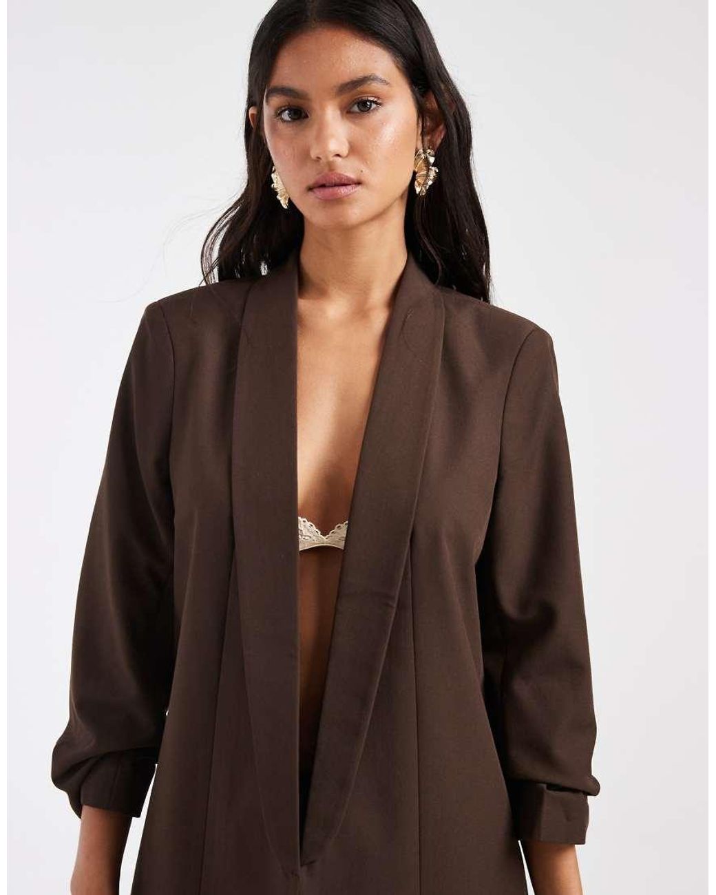 Pieces Brown Ruched Sleeve Tailored Blazer