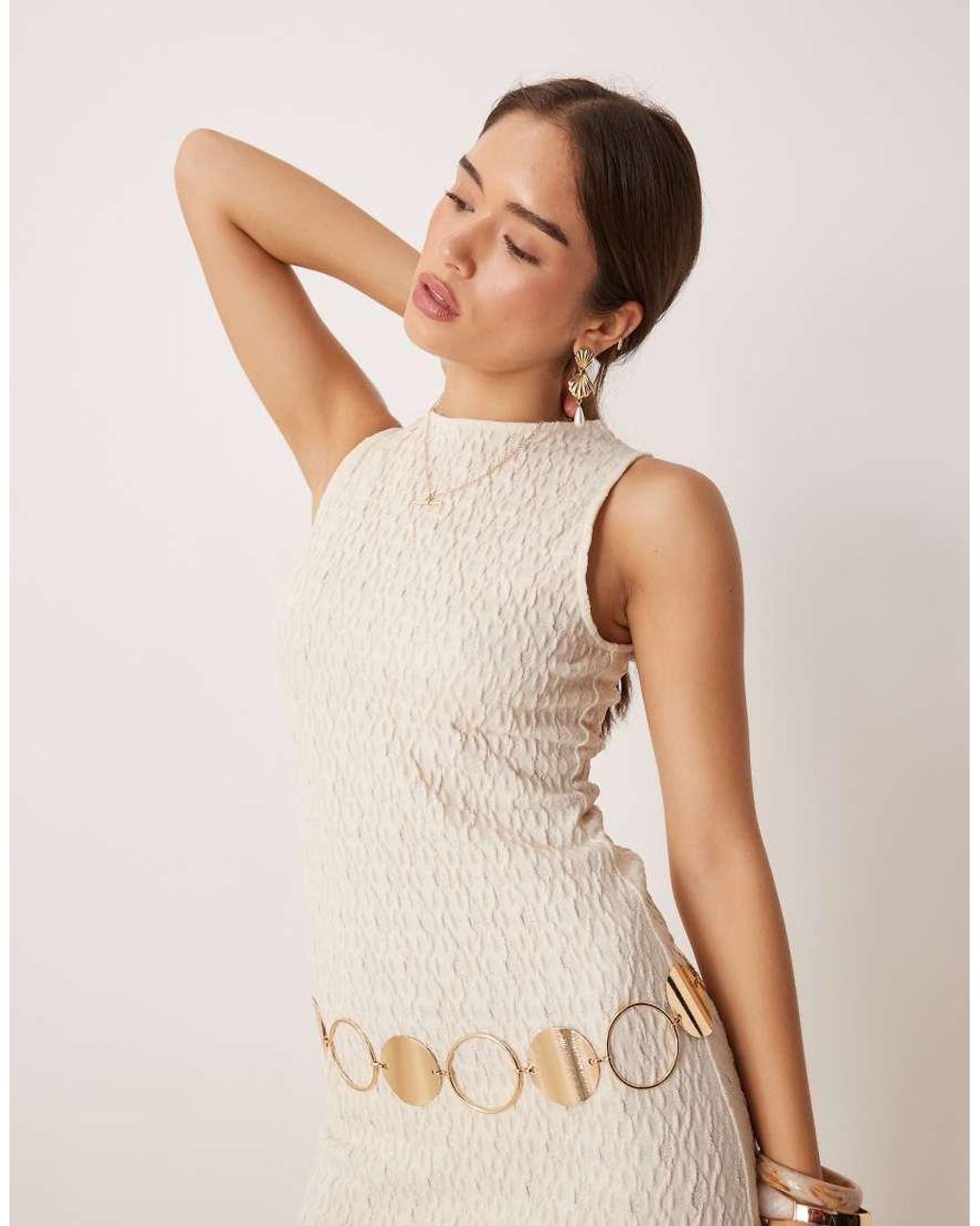 Mango Natural Cotton Mix Textured Round Neck Mini Dress With Lettuce Hem