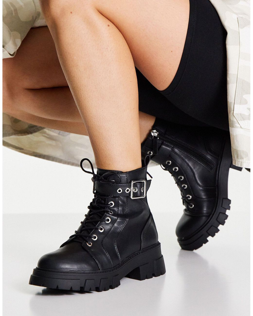 Botas biker negras con cordones y suela gruesa Pimkie de color Negro - Lyst