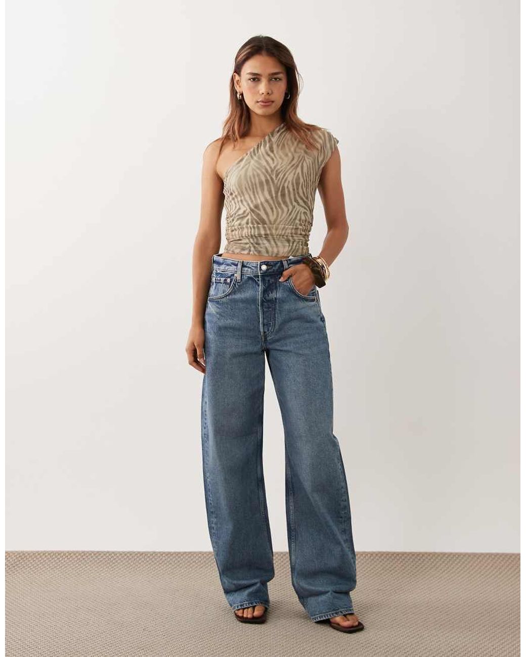 Mango Brown Mesh Asymmetric Short Sleeve Top
