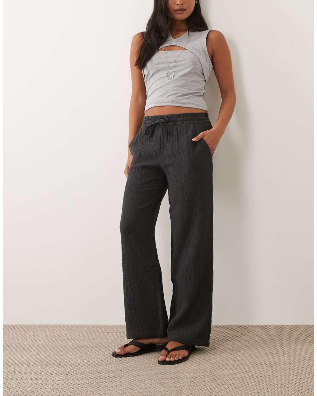 JDY Petite Black Wide Leg Cheesecloth Trousers