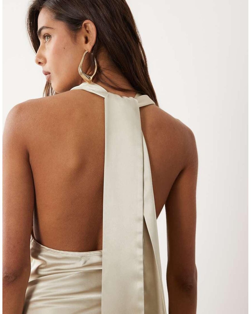 Aria Cove Natural Satin Deep Cowl Neck Scarf Detail Maxi Dress