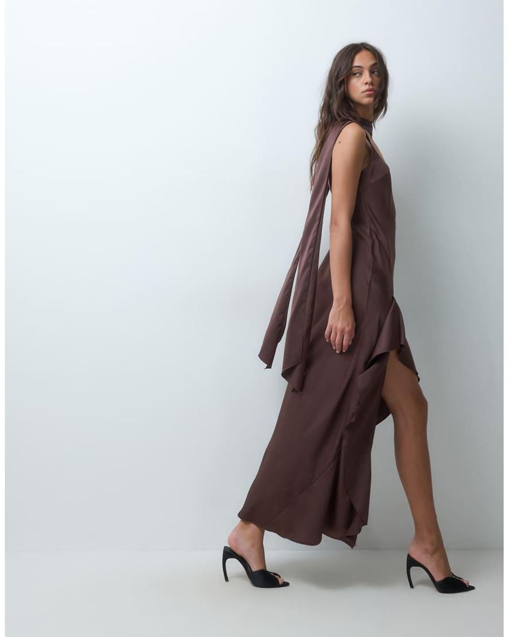 Miss Selfridge Brown Scarf Detail Ruffle Maxi Dress
