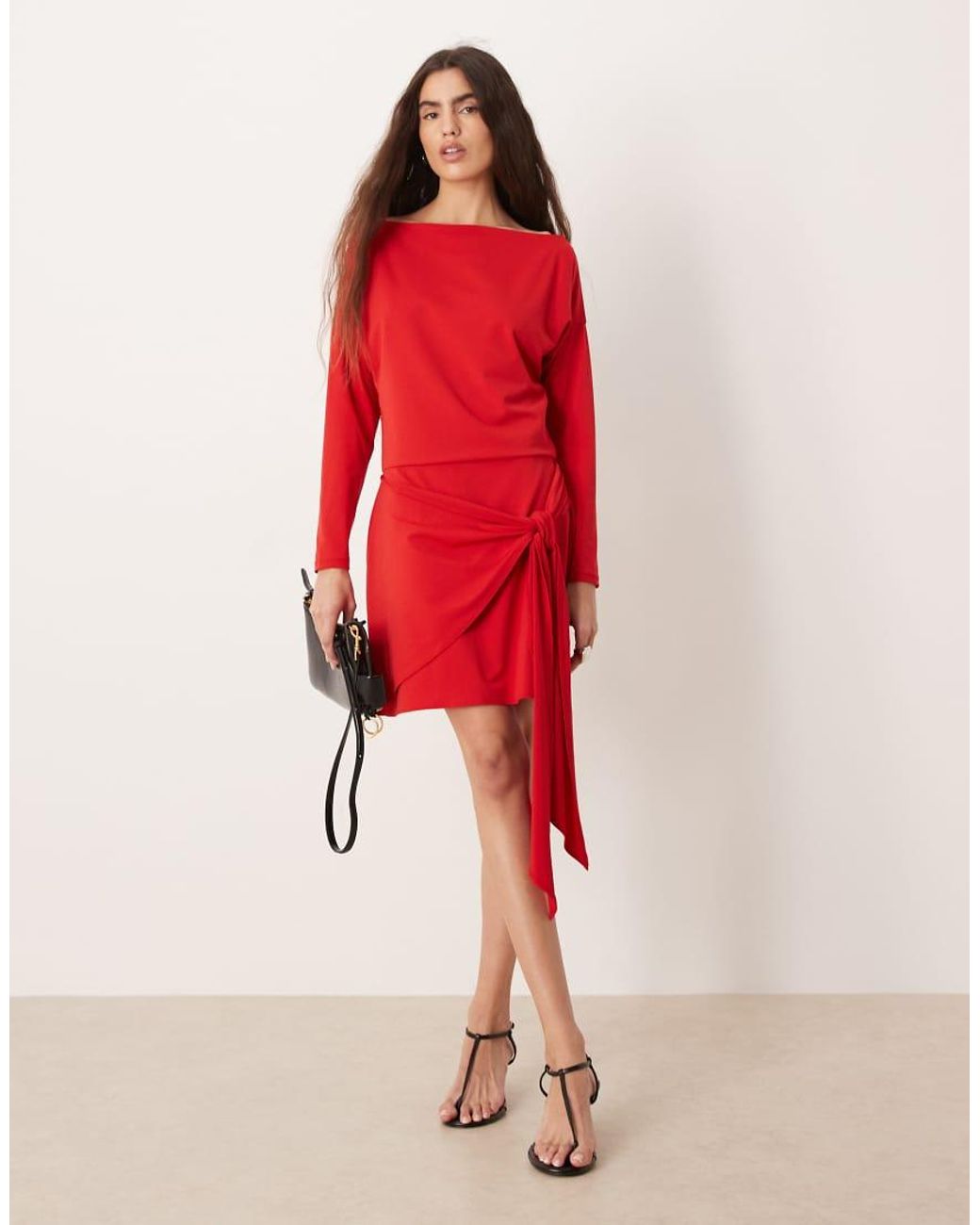 Abercrombie & Fitch Red Slash Neck Long Sleeve Mini Dress With Tie Up Front Detail