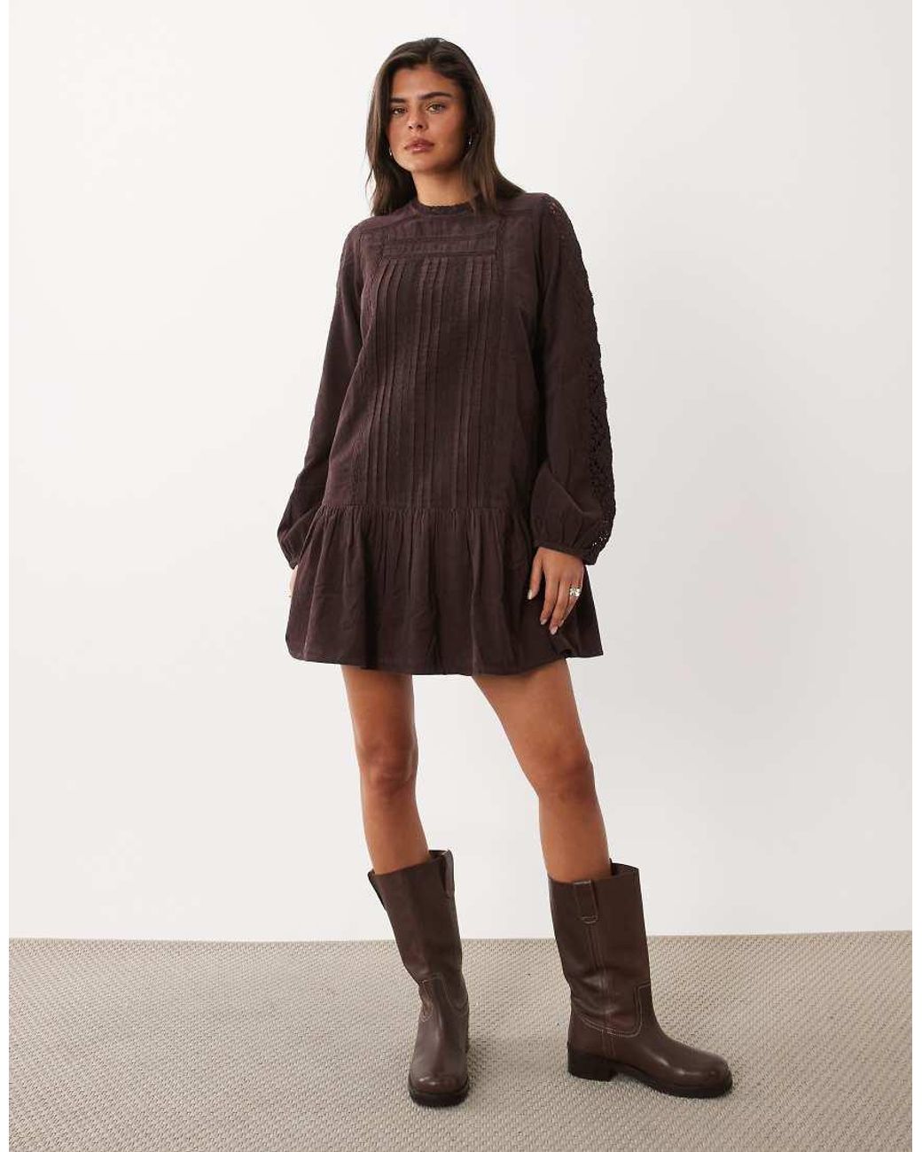 Nobody's Child Brown Denise Cotton Pointelle High Neck Panelled Peplum Hem Mini Dress