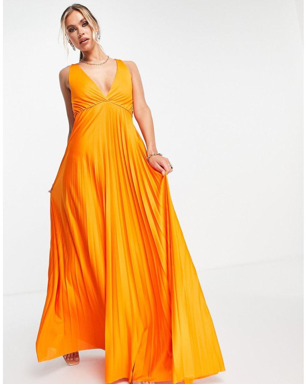 ASOS Orange Plunge Halter Cross Back Self Tie Pleated Maxi Dress