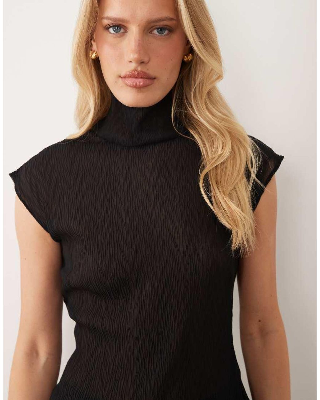 ASOS Black Chiffon Plisse Funnel Neck Blouse