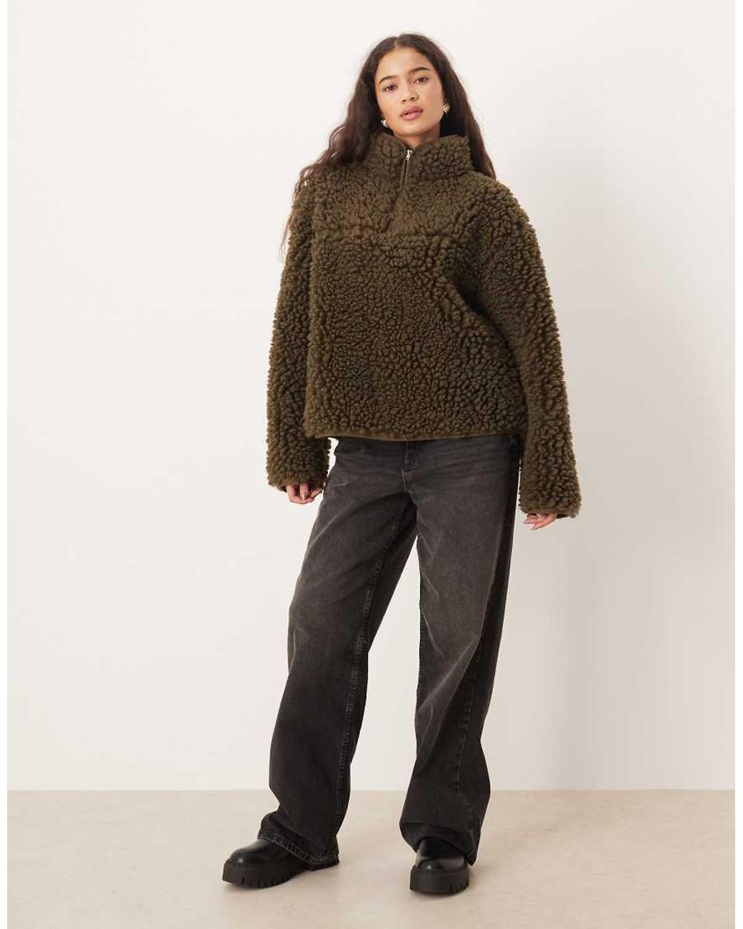 ASOS Brown High Pile Borg Half Zip Fleece