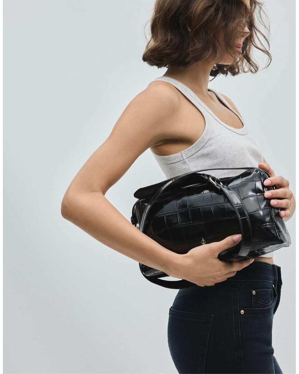 Stradivarius Black Crocodile-Effect Rectangular Crossbody Bag