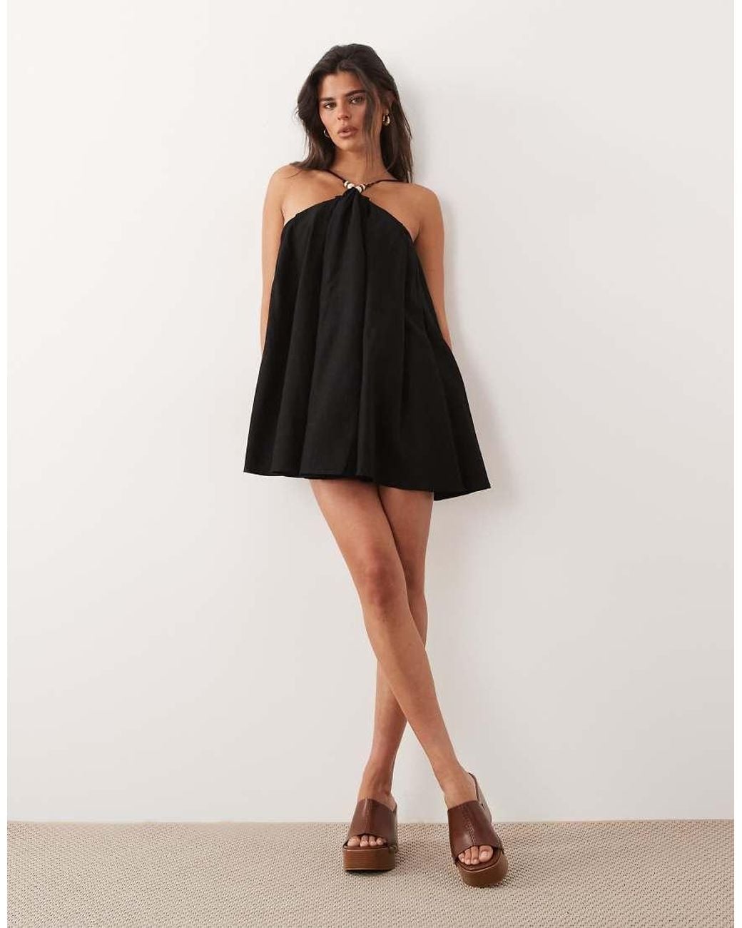 Noughts & Kisses Black Beaded Strap Detail Open Lace Up Back Cotton Mini Dress