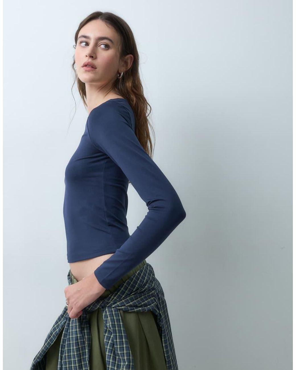 Hollister Blue Long Sleeve Seamless Scoop Neck Top