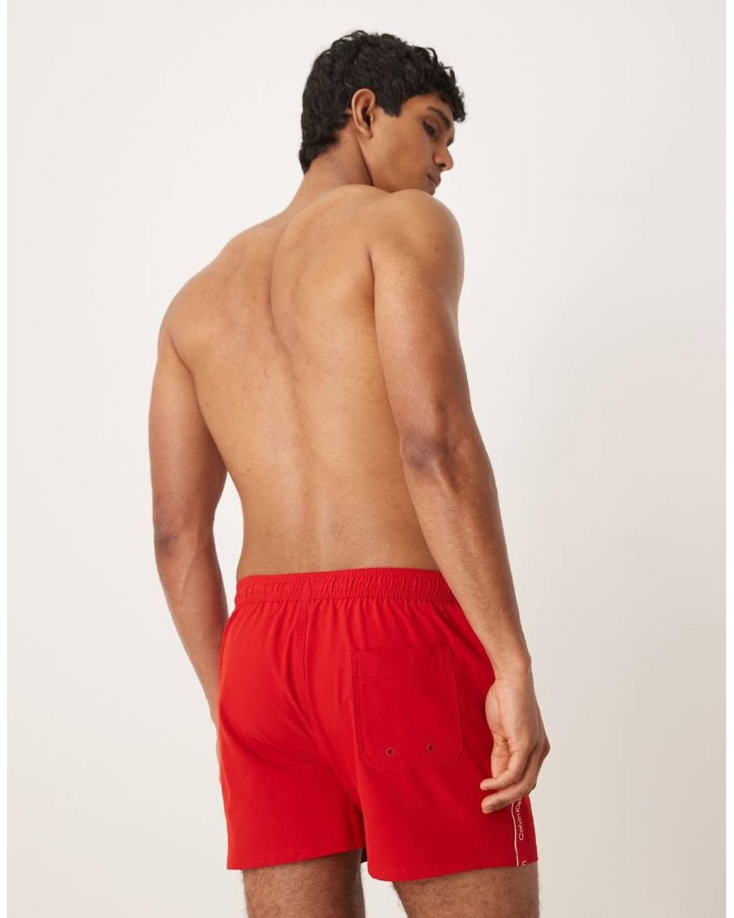 Calvin Klein Red Side Script Logo Drawstring Swim Shorts for men