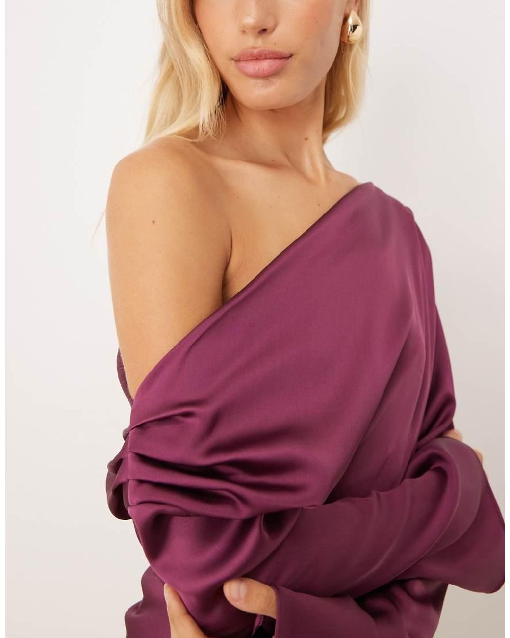 ASOS Pink Satin Drape Long Sleeve Off Shoulder Mini Dress