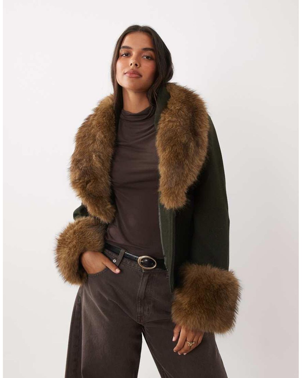 Mango Brown Wool Mix Short Jacket With Faux Fur Trims