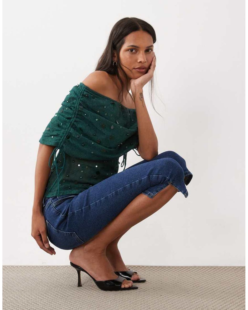 ASOS Blue Crochet Bardot Top With Embellishment