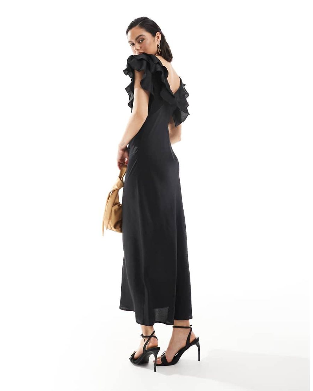 new look ruffle sleeve satin midi dress Dark Brown Satin Ruffled Sleeve Midi Dress
