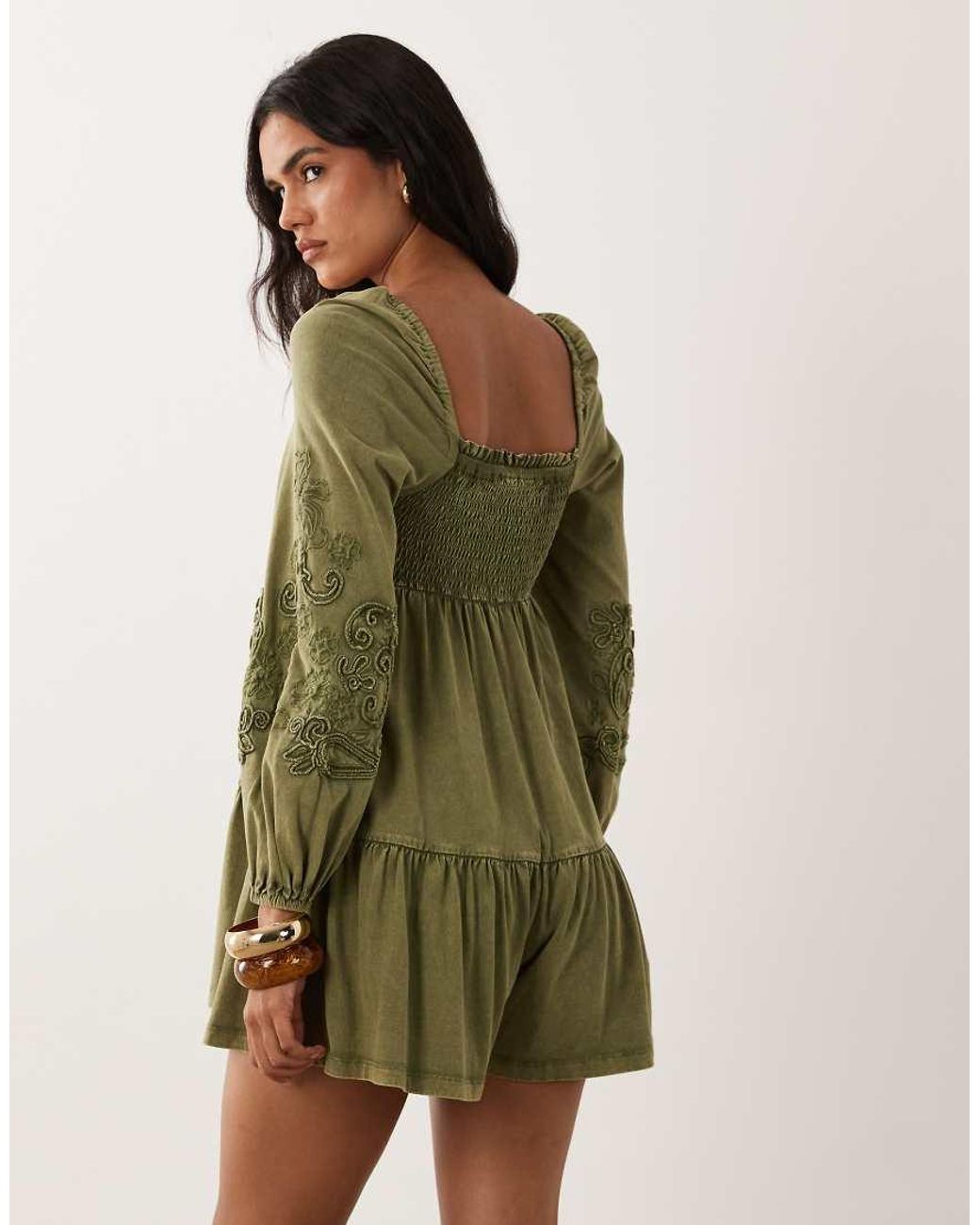 Miss Selfridge Green Long Sleeve Playsuit With Embroidery
