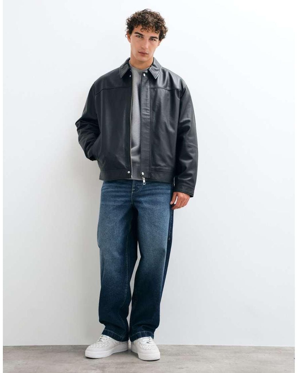 ASOS Black Oversized Real Leather Harrington for men