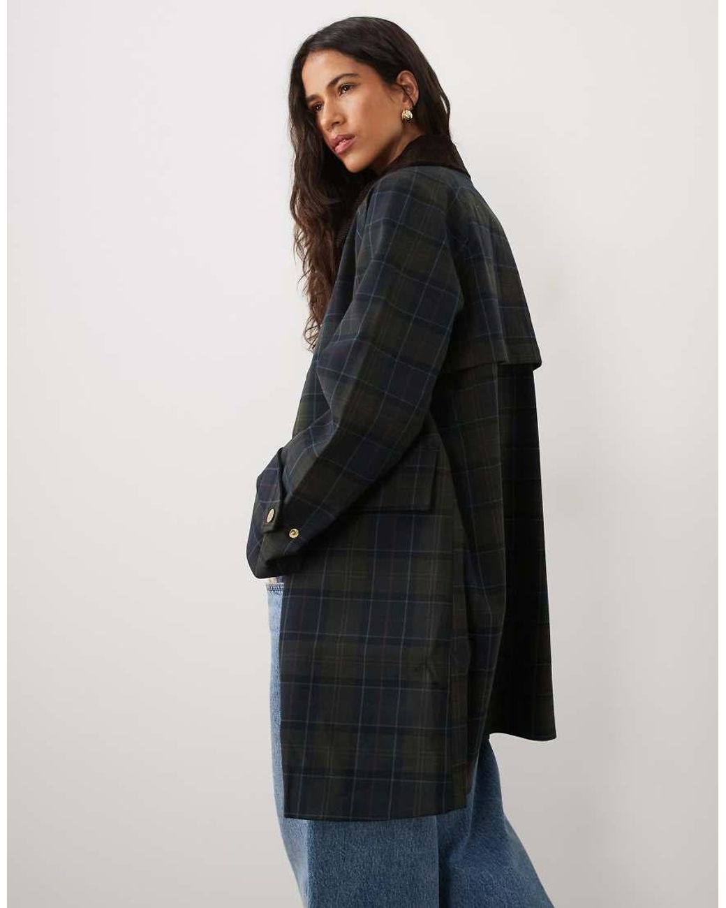 Barbour Blue Sally Showerproof Long Tartan Check Jacket