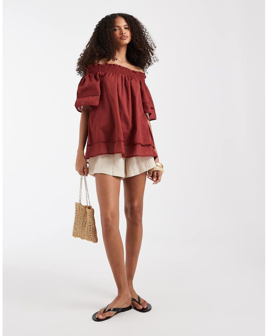 Aware Red Off Shoulder Ruffle Top With Smock Detail