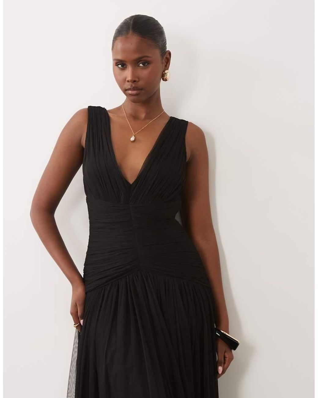 LACE & BEADS Black Bridesmaid Tulle Sleeveless Dropped Waist Tiered Hem Maxi Dress