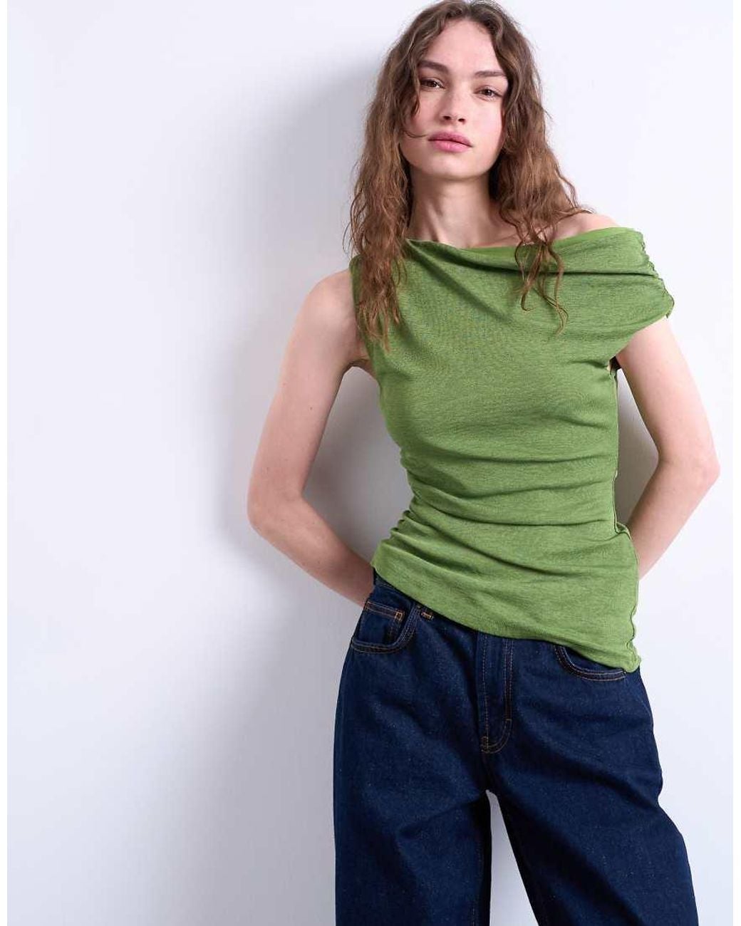 TOPSHOP Green Draped Asymmetric Shoulder Top